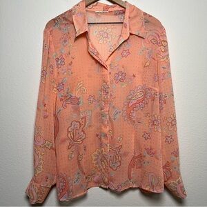 Women Paisley Button Front Top XL Pink Long‎ Sleeve Sheer 70s Groovy Party